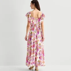 Melonie T Womens Square Neck Short Sleeve Ruffled Maxi Dress