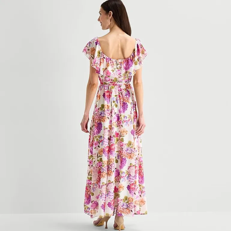 Melonie T Womens Square Neck Short Sleeve Ruffled Maxi Dress