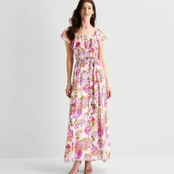 Melonie T Womens Square Neck Short Sleeve Ruffled Maxi Dress