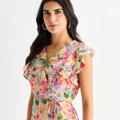 Melonie T Womens V Neck Sleeveless Ruffled Maxi Dress