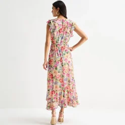 Melonie T Womens V Neck Sleeveless Ruffled Maxi Dress