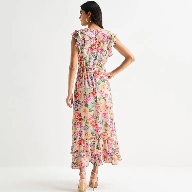 Melonie T Womens V Neck Sleeveless Ruffled Maxi Dress