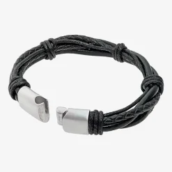 Mens Black Leather Bracelet with Stainless Steel Magnetic Clasp