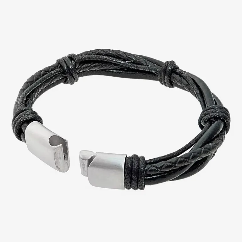 Mens Black Leather Bracelet with Stainless Steel Magnetic Clasp