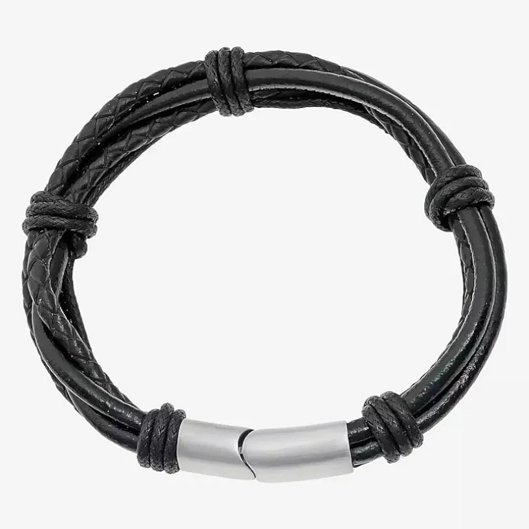 Mens Black Leather Bracelet with Stainless Steel Magnetic Clasp