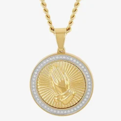 Mens 1/4 CT. T.W. Natural Diamond Stainless Steel Circle Prayer Hands Pendant Necklace