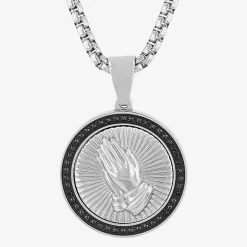 Mens 1/4 CT. T.W. Natural Diamond Stainless Steel Circle Prayer Hands Pendant Necklace