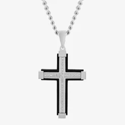 Mens 1/7 CT. T.W. Natural Diamond Stainless Steel Cross Pendant Necklace