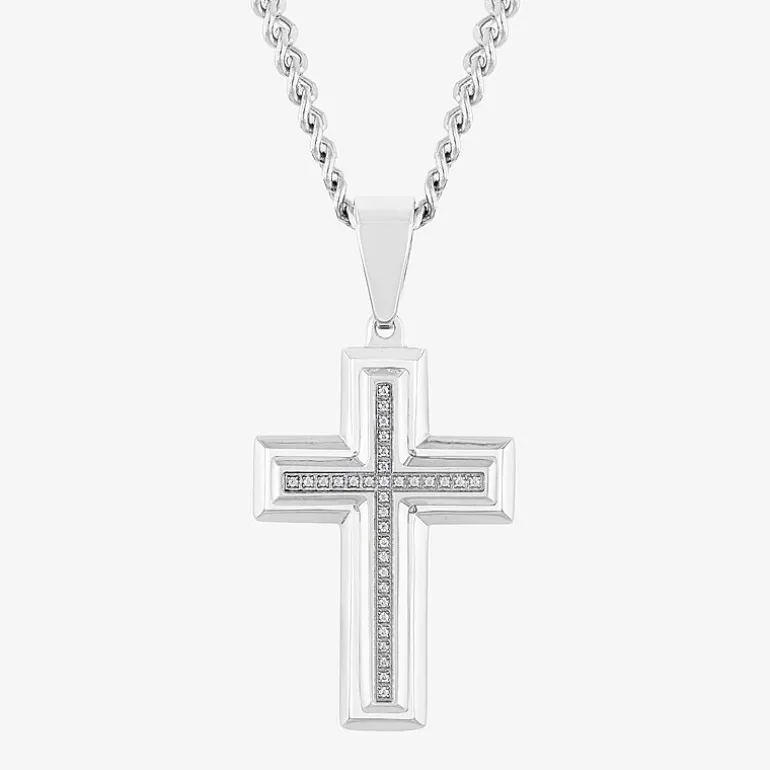 Mens 1/10 CT. T.W. White Diamond Stainless Steel Cross 24 Inch Pendant Necklace