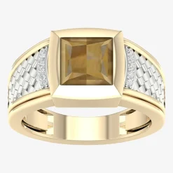 Mens Diamond Accent Genuine Brown Tiger's Eye 10K Gold Sterling Silver Fashion Ring