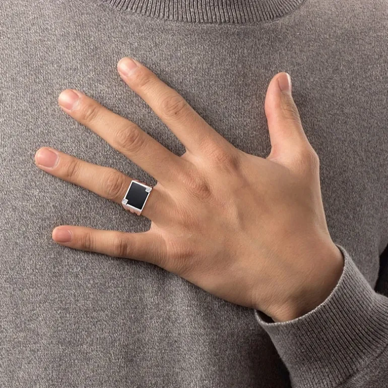 Mens Diamond Accent Genuine Black Onyx Sterling Silver Fashion Ring