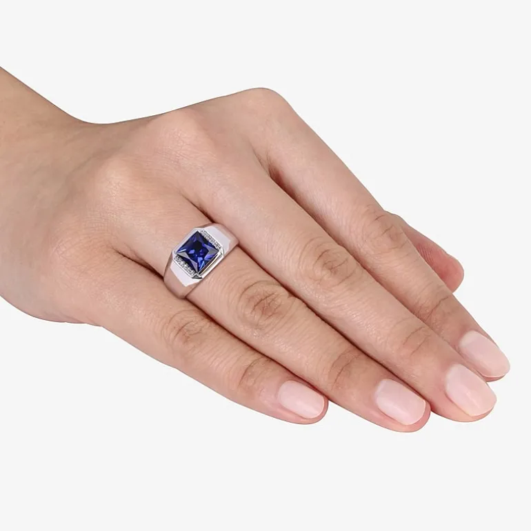Mens Diamond Accent Lab Created Blue Sapphire 10K Gold Fashion Ring