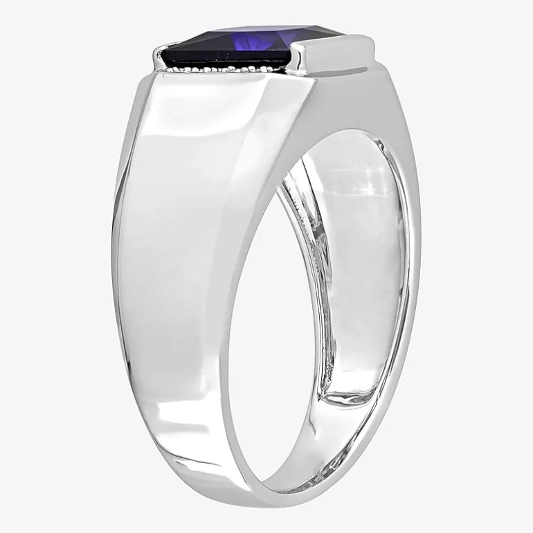 Mens Diamond Accent Lab Created Blue Sapphire 10K Gold Fashion Ring