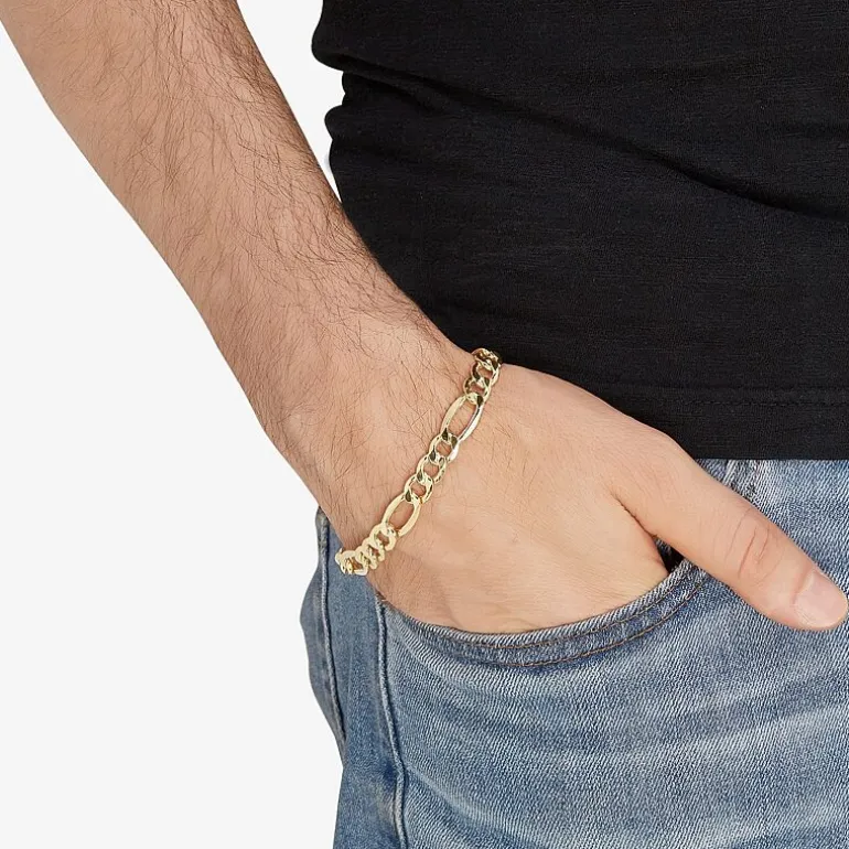Mens 10K Gold 9 Inch Hollow Figaro Chain Bracelet