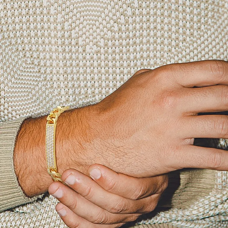 Mens 18K Gold Over Silver 8 1/2 Inch Solid Link Id Bracelet