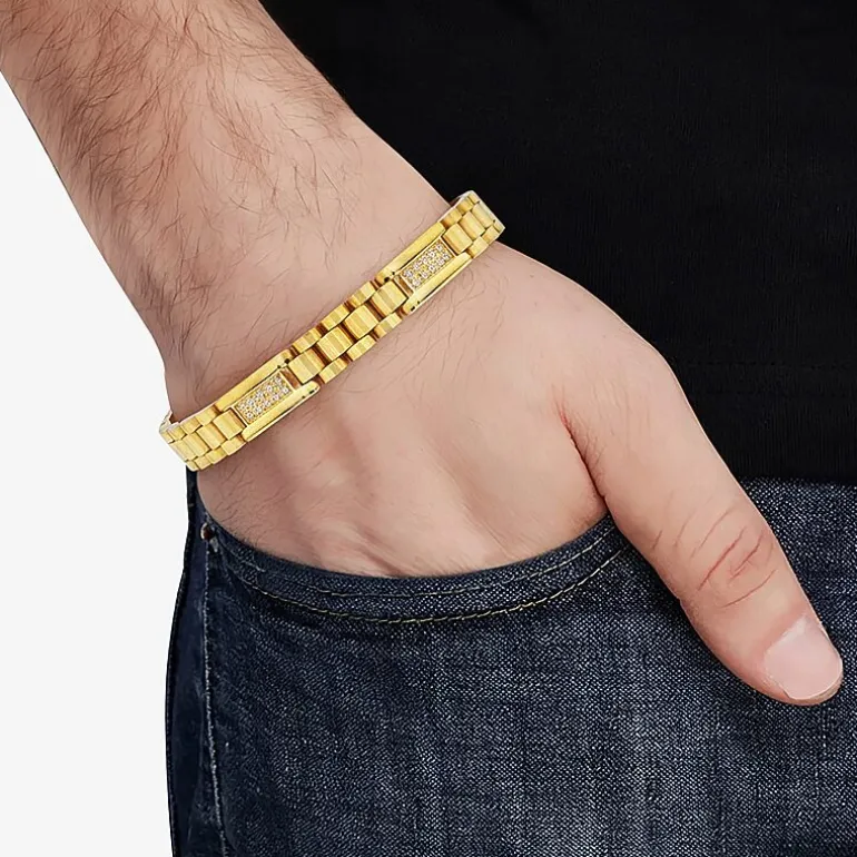 Mens 14K Gold Over Stainless Steel Solid 8 3/4 Inch Link Bracelet