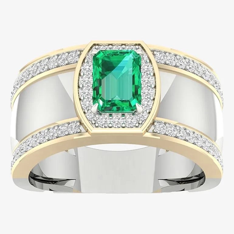 Mens Lab Created Green Emerald 10K Gold Sterling Silver Fashion Ring