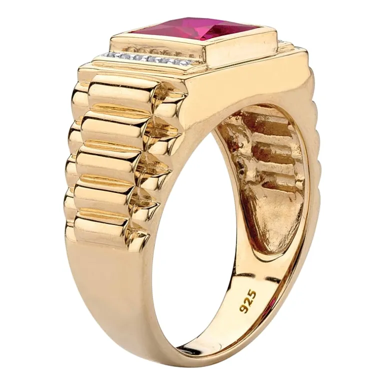 Mens Simulated Red Cubic Zirconia 18K Gold Over Silver Fashion Ring