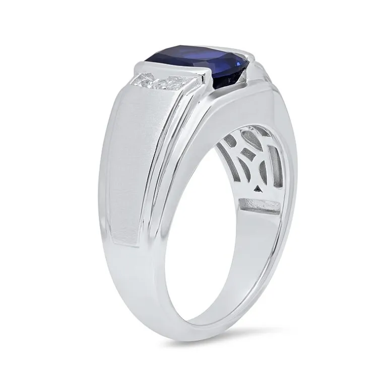 Mens Sterling Silver Lab Created Cushion Cut Blue Sapphire Ring