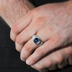 Mens Sterling Silver Lab Created Cushion Cut Blue Sapphire Ring