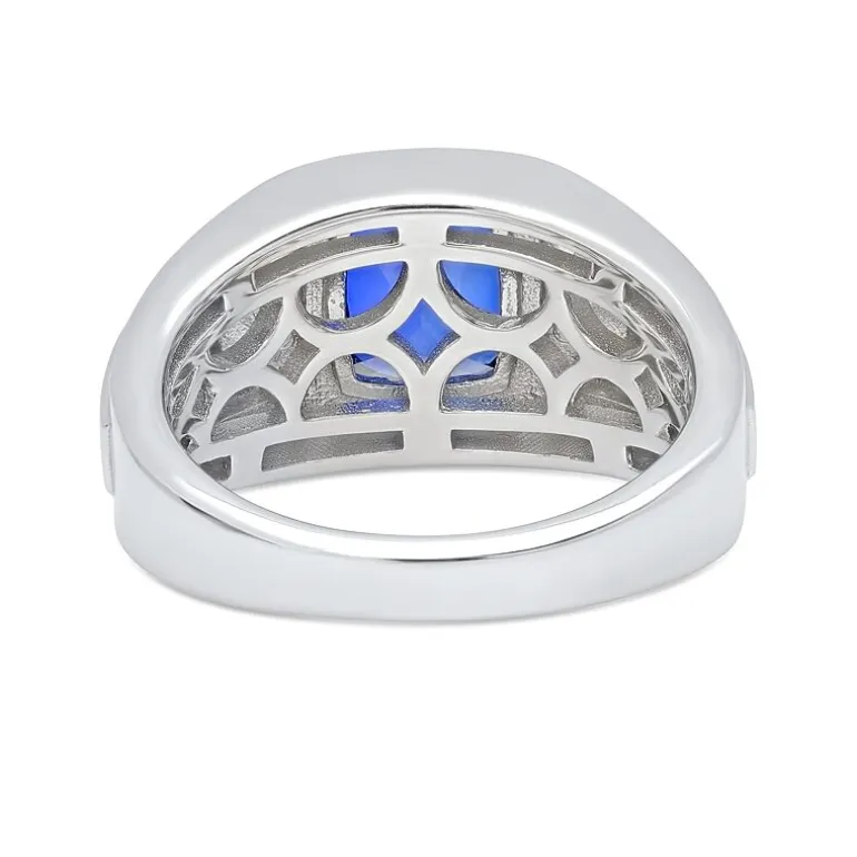 Mens Sterling Silver Lab Created Cushion Cut Blue Sapphire Ring