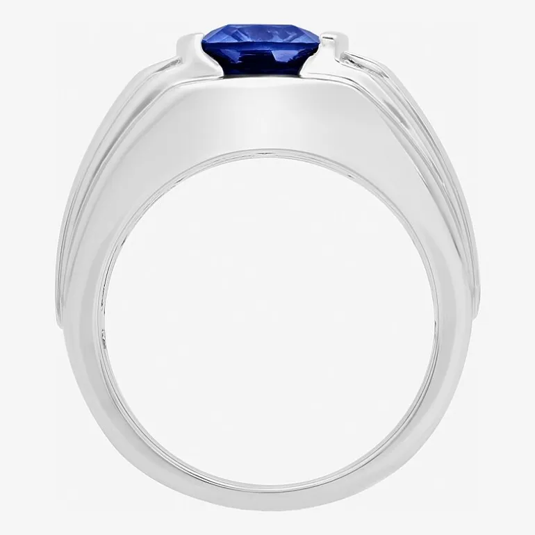 Mens Sterling Silver Lab Created Cushion Cut Blue Sapphire Ring