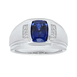 Mens Sterling Silver Lab Created Cushion Cut Blue Sapphire Ring