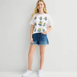 Minions Grid Boyfriend Tee Womens Juniors Crew Neck Short Sleeve Loose Fit Minions Graphic T-Shirt