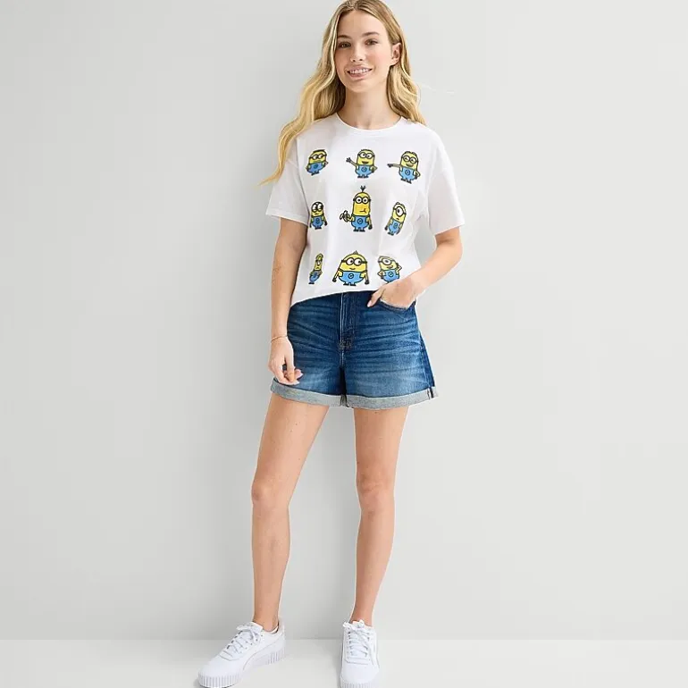 Minions Grid Boyfriend Tee Womens Juniors Crew Neck Short Sleeve Loose Fit Minions Graphic T-Shirt