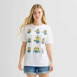 Minions Grid Boyfriend Tee Womens Juniors Crew Neck Short Sleeve Loose Fit Minions Graphic T-Shirt