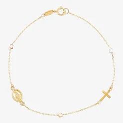 Miraculous Medal Womens 14K Tri-Color Gold Cross 7.25 Inch Link Bracelet