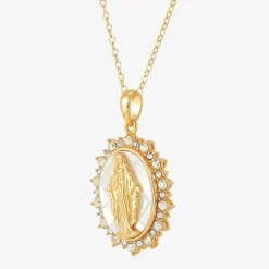 Miraculous Medal Womens White Mother Of Pearl 14K Gold Over Silver Oval 20 Inch Pendant Necklace