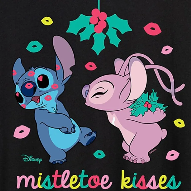 Misletoe Kisses Womens Juniors Crew Neck Short Sleeve Regular Fit Lilo & Stitch Graphic T-Shirt