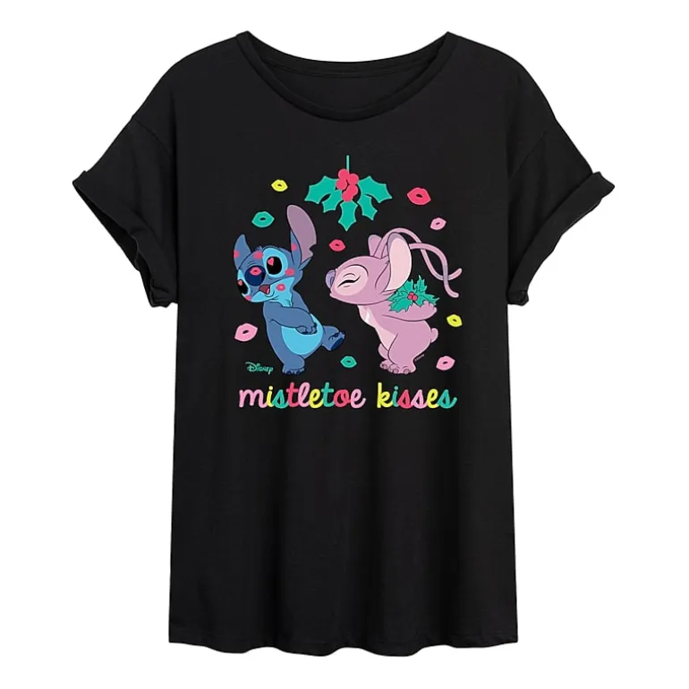 Misletoe Kisses Womens Juniors Crew Neck Short Sleeve Regular Fit Lilo & Stitch Graphic T-Shirt