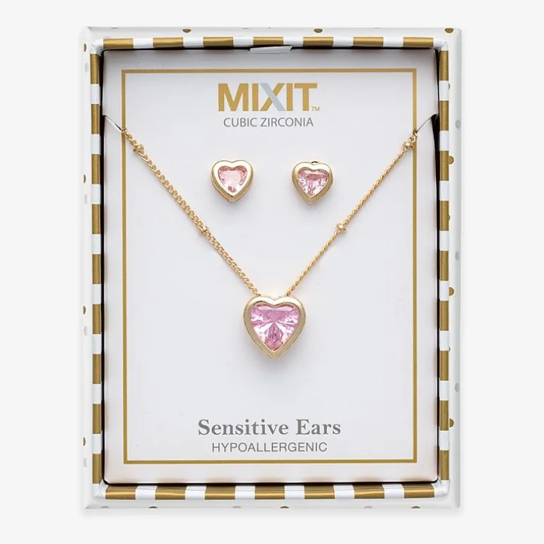 Mixit Womens Pink Cubic Zirconia Heart Hypoallergenic 3-pc. Jewelry Set