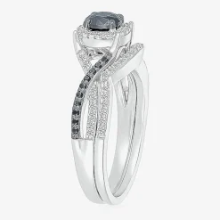 8.50mm Unisex Adult 1 CT. T.W. Natural Black Diamond 10K Gold Round Halo Side Stone Ring Set
