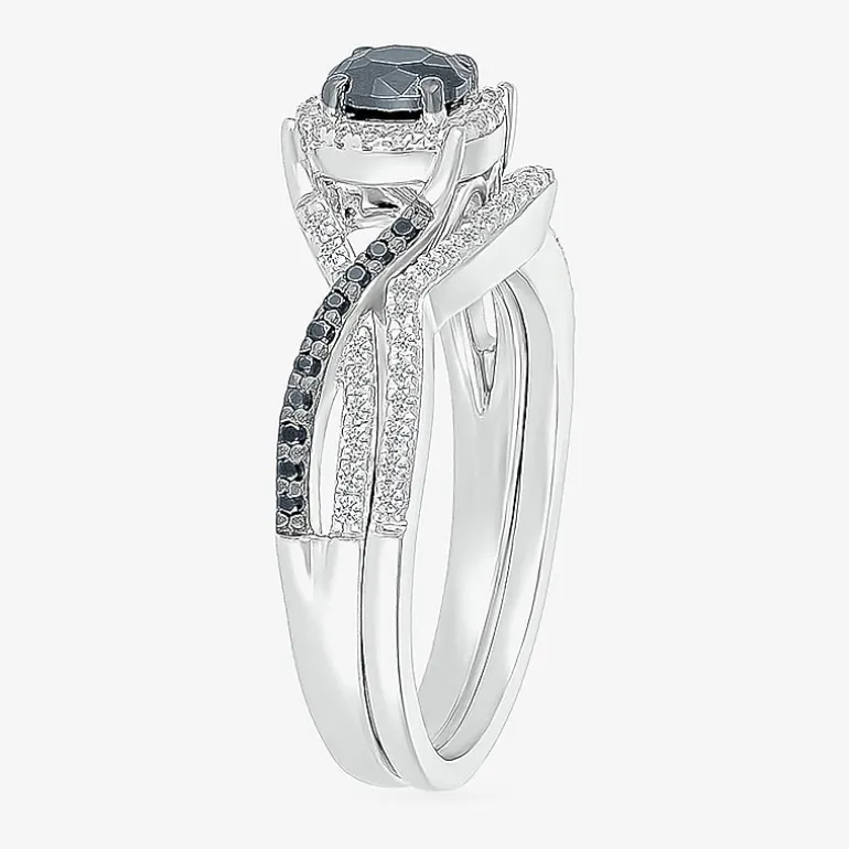 8.50mm Unisex Adult 1 CT. T.W. Natural Black Diamond 10K Gold Round Halo Side Stone Ring Set
