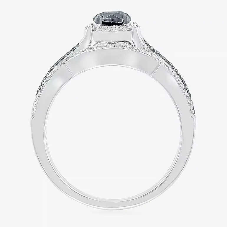 8.50mm Unisex Adult 1 CT. T.W. Natural Black Diamond 10K Gold Round Halo Side Stone Ring Set