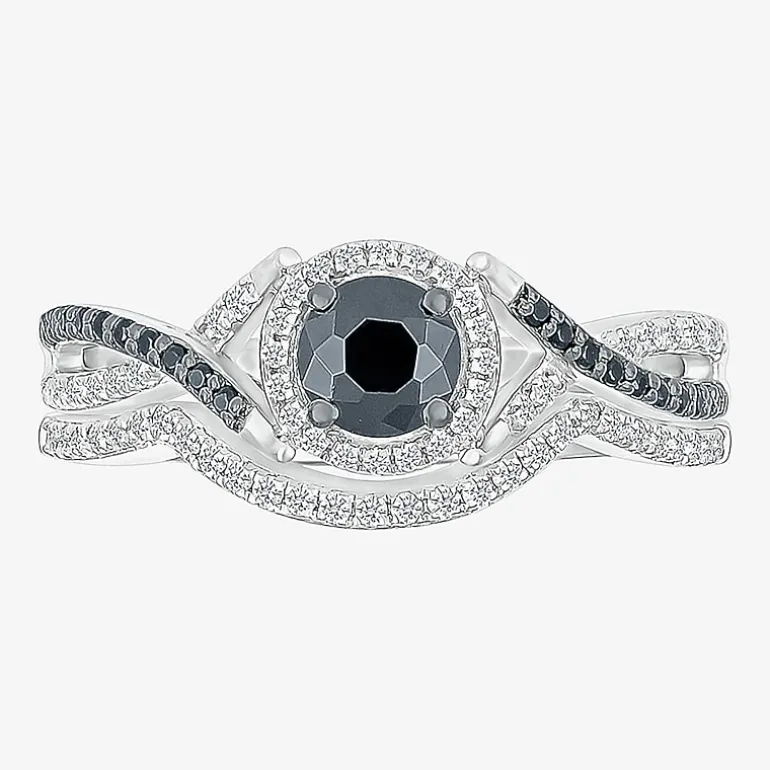 8.50mm Unisex Adult 1 CT. T.W. Natural Black Diamond 10K Gold Round Halo Side Stone Ring Set