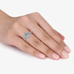 Modern Bride Gemstone Womens Diamond Accent Genuine Blue Aquamarine 14K Gold Cushion Engagement Ring