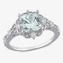 Modern Bride Gemstone Womens Diamond Accent Genuine Blue Aquamarine 14K Gold Cushion Engagement Ring
