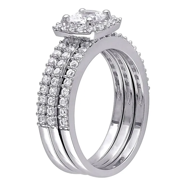 Modern Bride Gemstone Womens Diamond Accent Lab Created White Sapphire Sterling Silver Cushion Halo Bridal Set