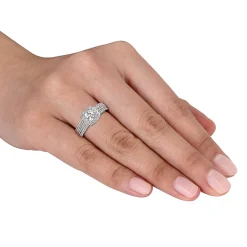 Modern Bride Gemstone Womens Diamond Accent Lab Created White Sapphire Sterling Silver Cushion Halo Bridal Set