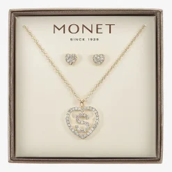 Monet Jewelry Gold Tone Initial Pendant Necklace & Stud Earring Womens Glass Heart 2-pc. Jewelry Set