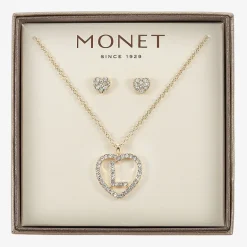 Monet Jewelry Gold Tone Initial Pendant Necklace & Stud Earring Womens Glass Heart 2-pc. Jewelry Set