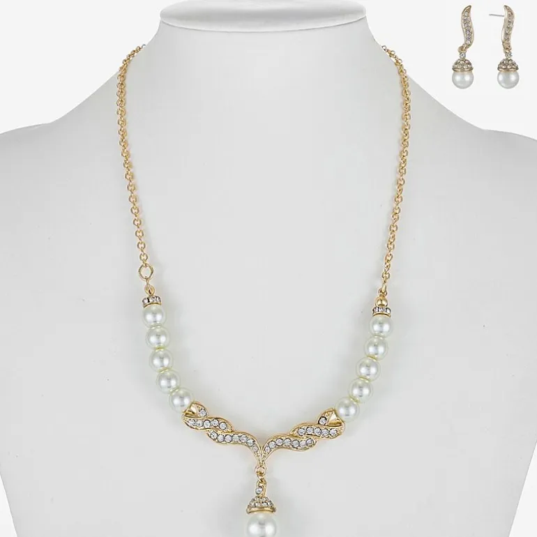 Monet® Simulated Pearl and Crystal Gold-Tone Drop Earring and Necklace Set