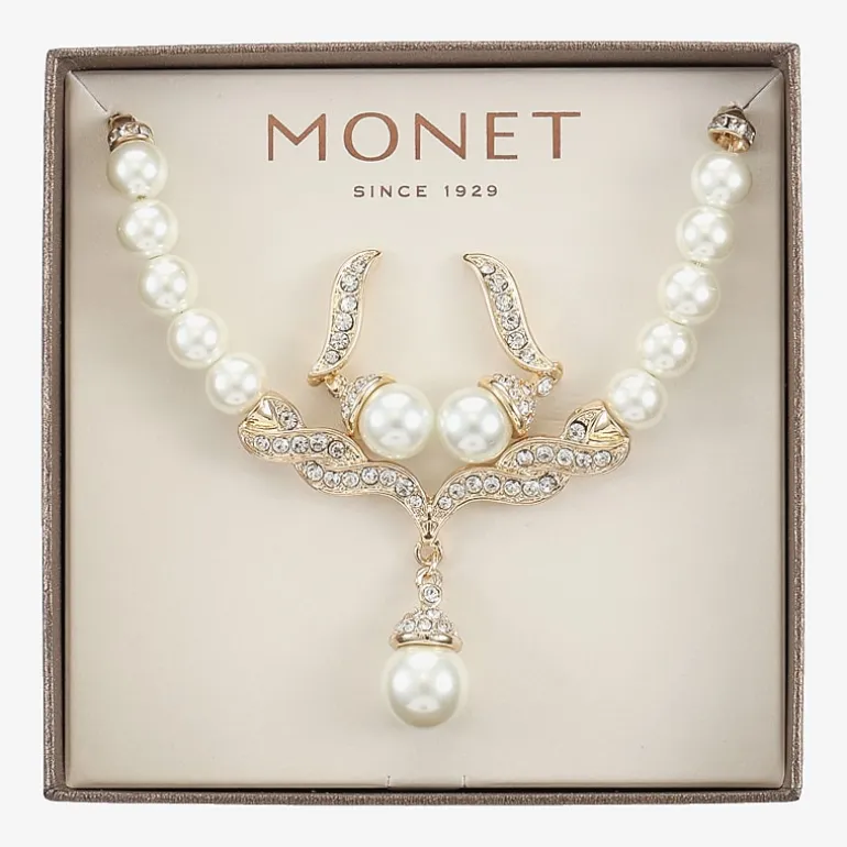 Monet® Simulated Pearl and Crystal Gold-Tone Drop Earring and Necklace Set