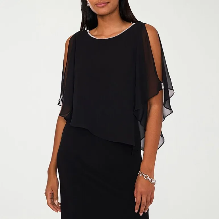 MSK Womens Boat Neck Elbow Sleeve Cape Embellished Evening Gown