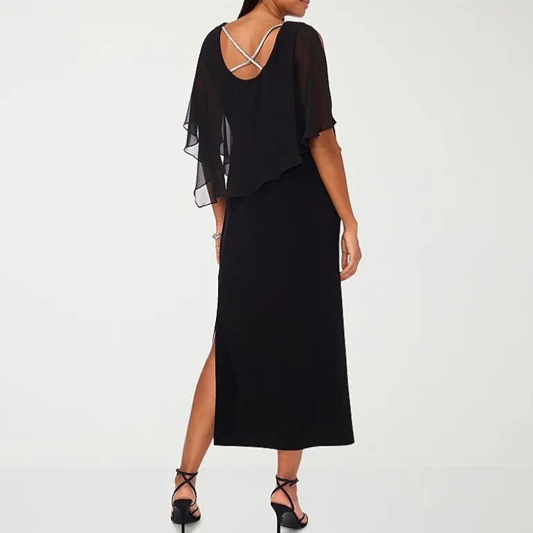 MSK Womens Boat Neck Elbow Sleeve Cape Embellished Evening Gown