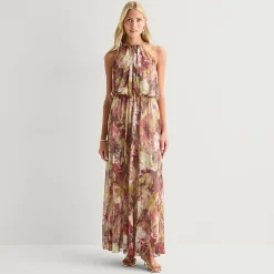 MSK Womens Halter Neck Sleeveless Abstract Evening Gown